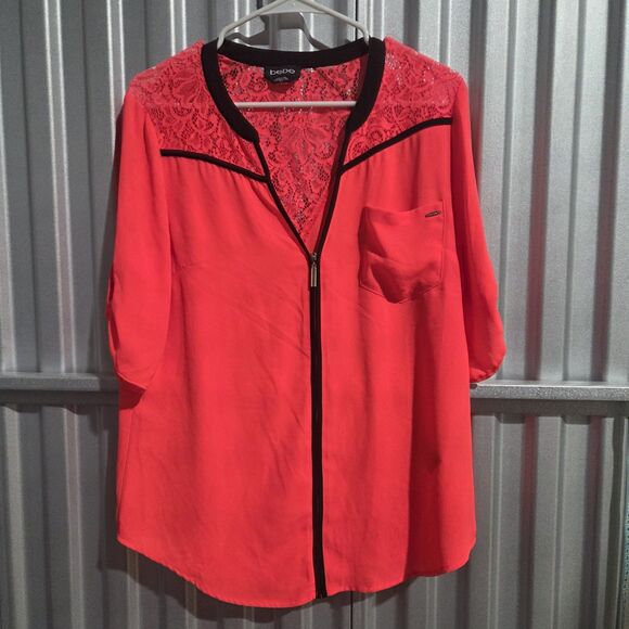 Coral Tops - Bebe Blouse Womens M Fiery Coral Lace Yoke Zip Front Roll Tab Neon Y2K Club Top